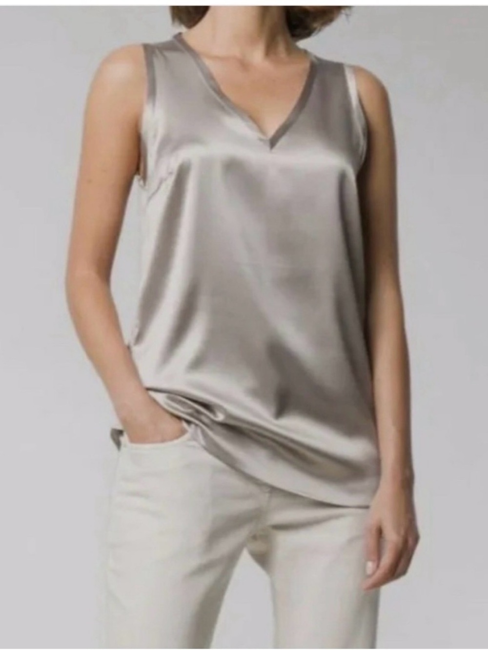 Brunello Cucinelli Women's champagne Metallic V-Neck Silk Tank XXS MONILI